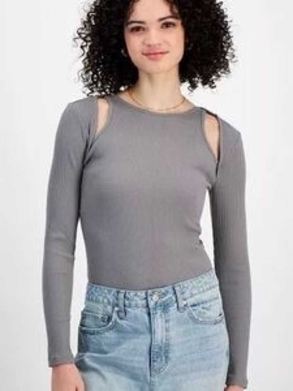 Women’s Gray Cutout Long-Sleeve Bodysuit